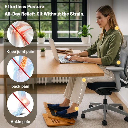 Kunffiyso Foot Rest for Under Desk at Work - Wooden Adjustable Office Footrest with Foam Cushion Pad, 4 Heights & Ergonomic Anti-Slip Design for Home & Office (Natural)
