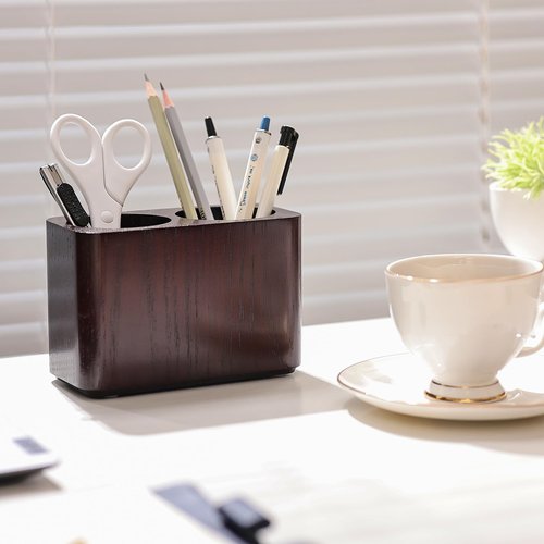 CAMLOT Oak Solid Wood Pen &Pencil Holder for Desk, Office Stationery Organizer, Table Pencil Cup Stand,Desk Accessories Holder, Two Cups Practical Design. (Espresso)