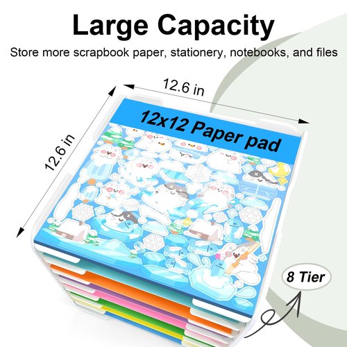 LOSADY 12x12 Paper Organizer, 8-Tier Scrapbook Paper Storage, Stackable Desktop File Holder for Home, Office, Classroom, and Craft Room