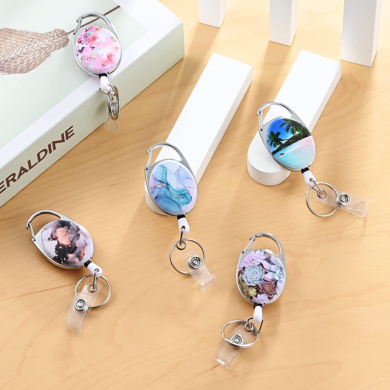 Badge Reels Retractable,Double Sided Color Print Pattern Badge Holders,with Keychain, Clip and Key Ring,Durable Nylon Rope,Pink Marble