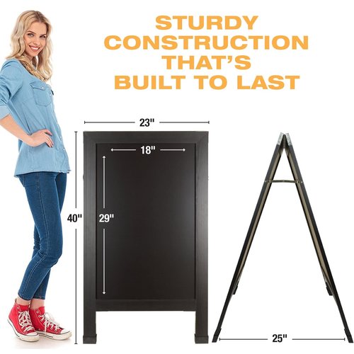 Excello Global Products Large Double-Sided 40x23 Heavy-Duty A-Frame Sidewalk Chalkboard Standing Sign, Includes 10 Chalk Markers, 40 Piece Stencil Set, Chalk and Eraser (Black)
