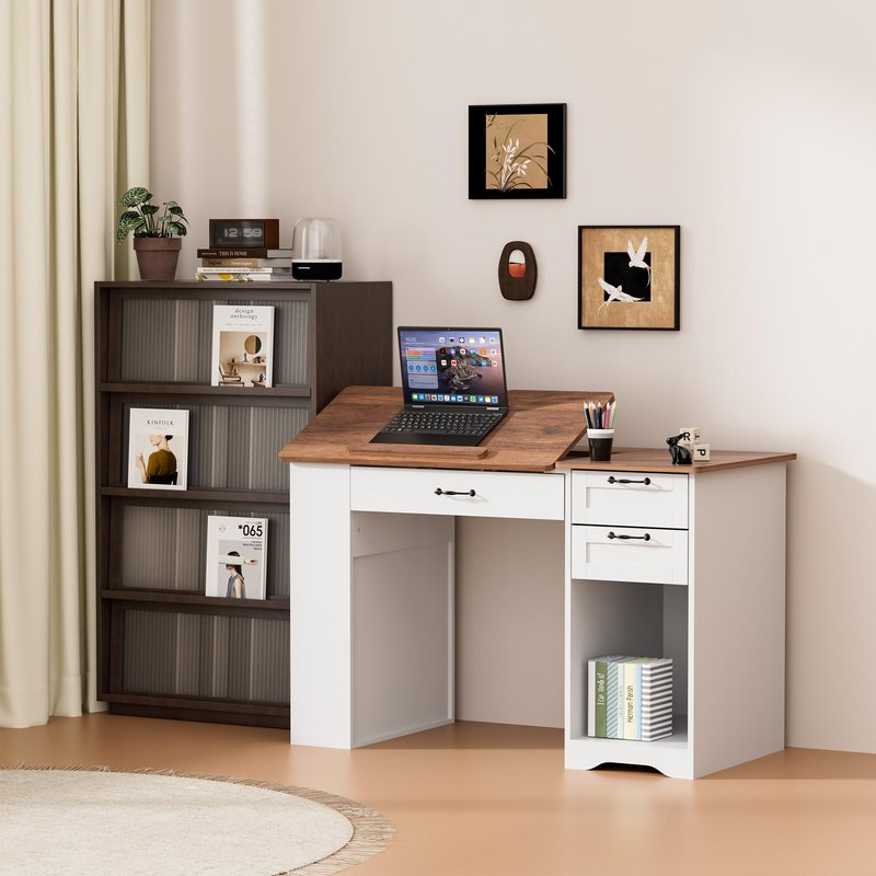 GatherHome Drafting Table with Storage Cabinet & Drawers, Adjustable Drawing Table with Open Shelves, Craft Art Desk for Artists, Painters, Drawing, Crafting, Reading, Writing, Working