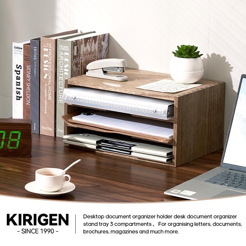 KIRIGEN Wooden Desktop Organizer Paper Storage Letter Tray File Sorter - Desk Rack Magazine File Dividers Holders for Home Office Accessories with 3 Layer Trays Dark Brown (3KWJG-DBR)