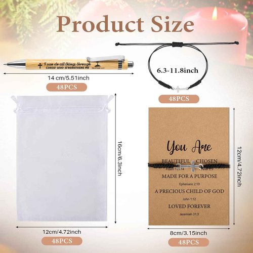 48 Sets Christian Gifts Bulk Include Bible Verse Inspirational Bamboo Pens Friendship Cross Bracelets Inspirational Cards and Organza Bags for Women Men Church Office School Journal Party Favors