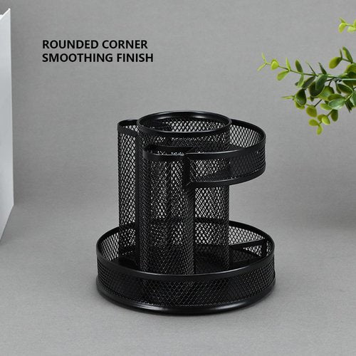 Rotating Pencil Holder, Black Metal Mesh Desktop Organizer Rotating Pen Organizer Desktop Storage Caddy for Home Office
