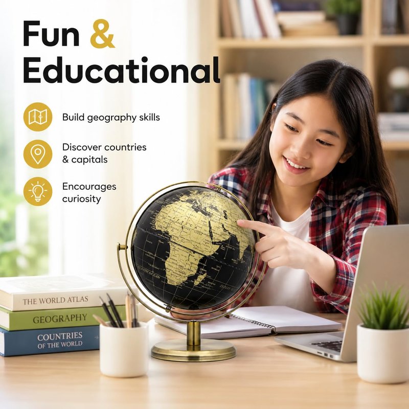 EXERZ 8" Globe Black & Golden, All Direction 360 Rotating - World Globe Educational Geographic - Bronze Arc and Base. English Map.