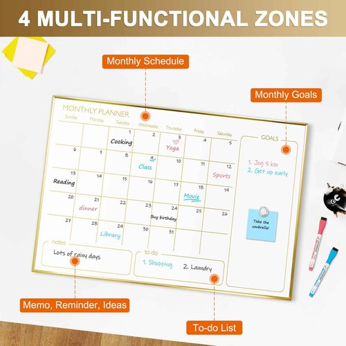 QUEENLINK Large Dry Erase Calendar Whiteboard for Wall, 36'' x 24'' Monthly White Board Planner with Gold Frame, Magetic Hanging Wipe Board for Home Office School Dorm