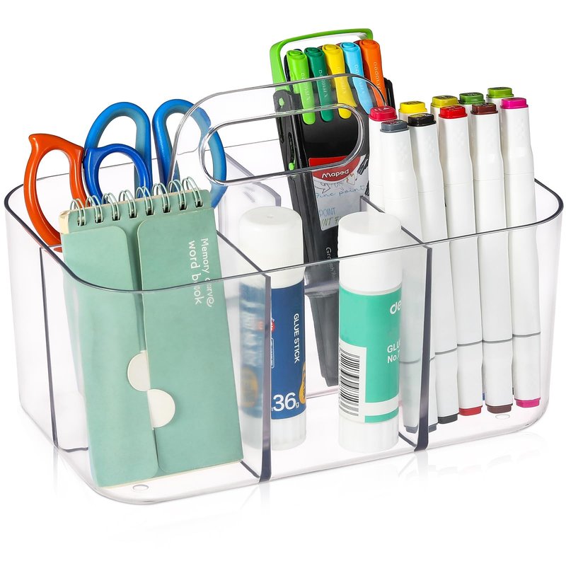 Multiuse Caddy Organizer with Handle, Portable Divided Plastic Tote Bin - Art Craft, Stationary Pen Marker Crayons, Makeup Hair Supplies Storage - Bathroom, Classroom, Dorm, Office, Desk Holder -Clear