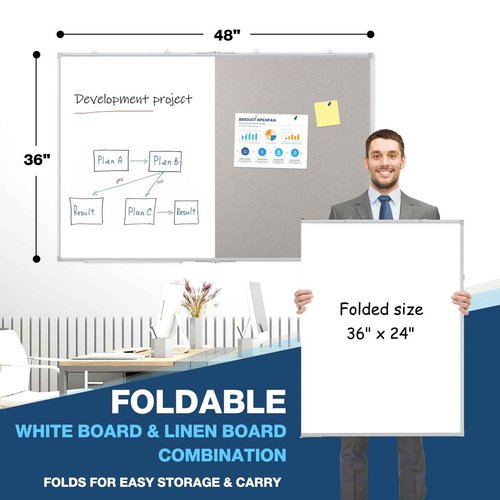 Large White Board Dry Erase Foldable Bulletin Board Combo, 48" x 36" Double Sided Dry Erase Board for Wall, Magnetic Whiteboard Bulletin Board with Linen for Office, Home, School, Kitchen -Gray