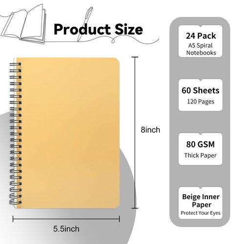 miikoul 24 Pack A5 Spiral Lined Notebooks, 8.3" X 5.5", 60 Sheets/120 Pages Wide Ruled Notebook Spiral Journals Bulk Paper Cover Notepad 12 Colors for Students Taking Class Notes Home Office Gift