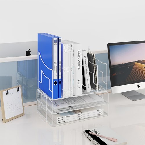 superbpag Desk Organizer, Stackable Letter Tray with 5 Section Vertical File Organizer, Mesh Desktop File Sorter for A4/A5 Paper/Document/Magazine/Mail/Bill, White