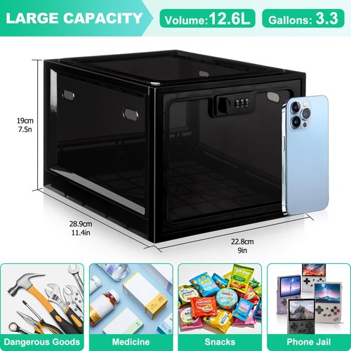 Medicine Lock Box with Code, 12.6L Large Lockable Storage Box for Medication, Snacks, Phone, and Electronics - BPA-Free, Clear Design with Charger Holes for Home, Office, Dorm, and Fridge
