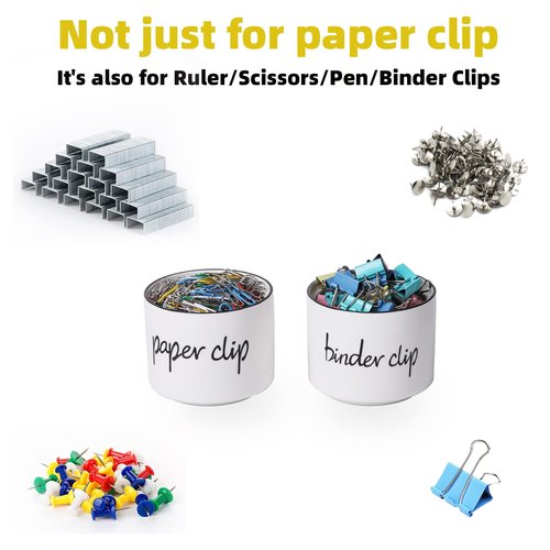 ONTUBE Ceramic Paper Clip Holder and Binder Clip Holder Set Dispenser Organizer for Desk (White)