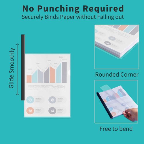 Binditek 100 Pack Clear Report Covers with 9mm Sliding Bars, 70 Sheet Capacity, Black and White Binding Bars, Letter Size, for Students and Coworkers