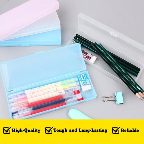 TANEMUDO 40 Pcs Frosted Plastic Pencil Box with Lid and Snap Closure for Pens Organizer and Office Stationery Supplies Bulk(White Pink Blue Green)