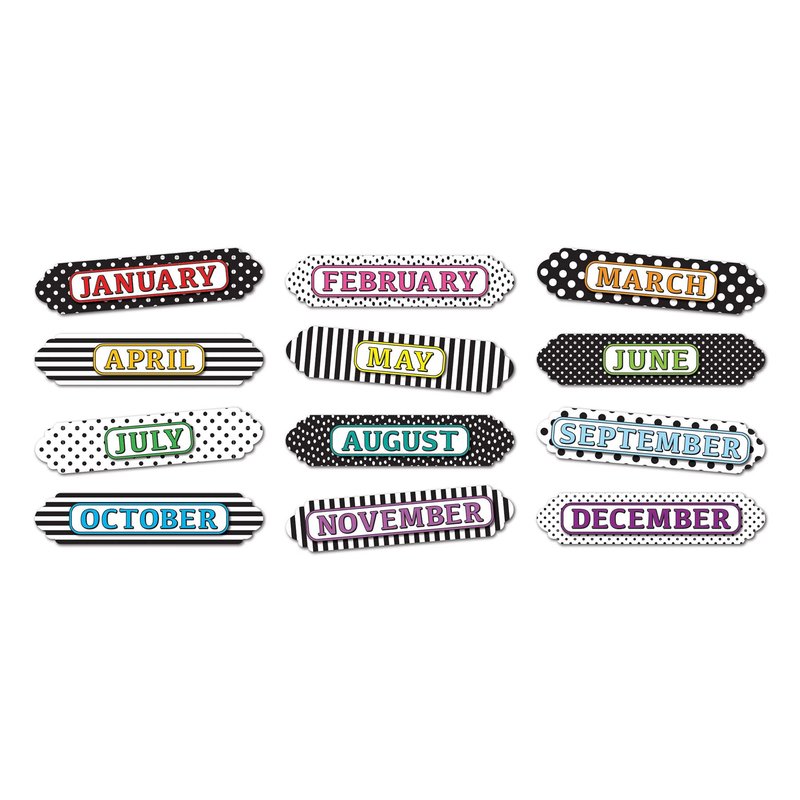 Ashley Productions Magnetic Die-Cut Timesavers & Labels, Months of the Year, Black and White Assorted Patterns, 12 Pieces