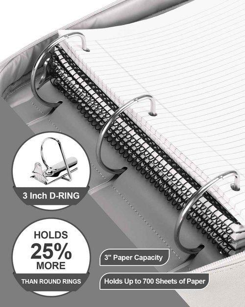 HINOOR 3-Inch 3-Ring Zipper Binder with Shoulder Strap, D-Ring Zip Up Binder with 700 Sheets Capacity, Compatible with 13" MacBook, 12.9" Tablet, for Middle School, College, Office (Gray)