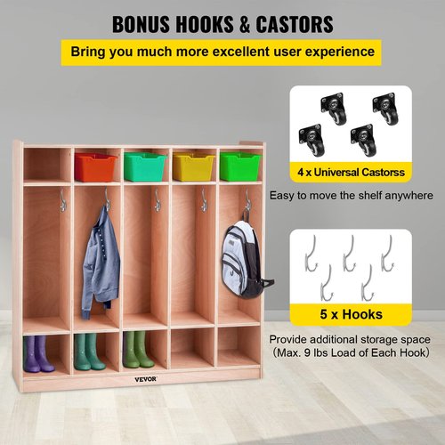 Happybuy 5-Section School Storage Locker, Wooden Storage Cabinet with 4 Casters, Classroom Cubbies for Storage, 15mm Thick Plywood Locker for Home, Office, School,Gym, Kindergarten