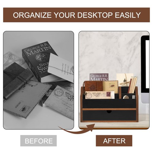 Dhmkfly Desk Organizer with Drawer Wood File Office Mail Organizer Countertop-5 Slot Tabletop Storage Pen Organizer Letter Holder for School Home Office Supplies