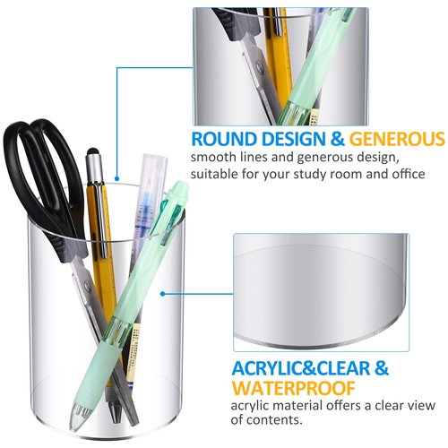 Epakh 6 Pack Clear Pen Holder Acrylic Pencil Cup Back to School Gifts Round Clear Makeup Brush Holder Acrylic Make up Brush Storage Organizer Desktop Pencil Cup for Home Office Supplies