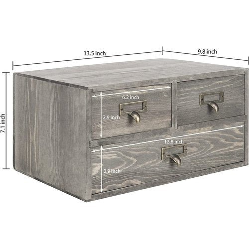 MyGift Rustic Gray Solid Wood Office Supplies Desk Organizer with 3 Pull Out Drawers and Metal Label Holder