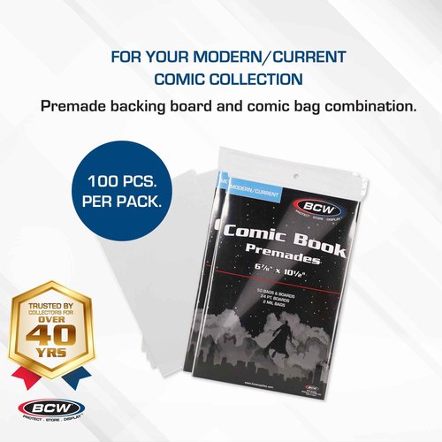 BCW Current Premade Comic Bags & Boards | Preloaded Sleeves & Backer Boards for Modern Comics (100 Pack, Non-Resealable)