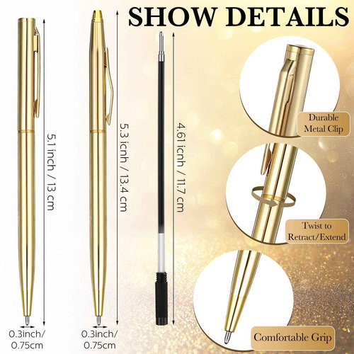 Fuutreo 100 Pack Wedding Gold Pens Bulk Gold Metal Pens Slim Ballpoint Retractable Ballpoint with Black Ink Mini Conical for Wedding Favors Guests, Office Business Teachers,1.0 mm