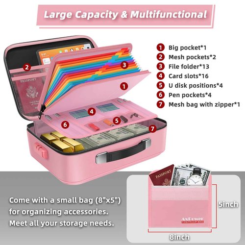 Fireproof Document Box Hard Case With Lock, Multi-Layer Fire Proof Water Resistant Safe Box File Organizer Bag With Small Money Bag for Important Documents Passport Certificates Laptop (Pink)