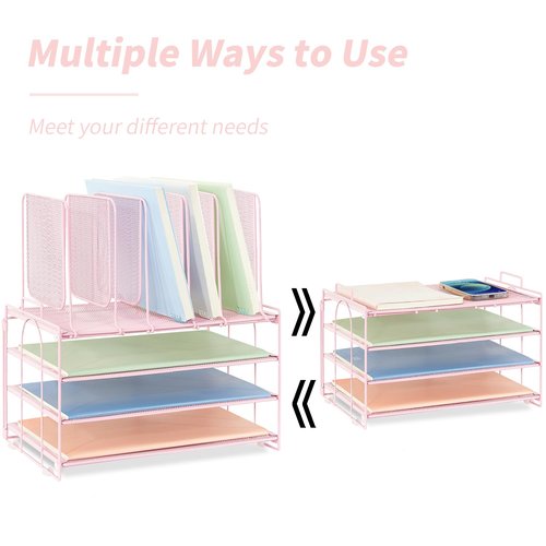 ORDROLL Desk Paper Organizer with Handle,3 Tier Letter Trays with 5 Vertical File Holder,Paper Storage,Desktop Organizer for Classroom,Home or Office,Pink