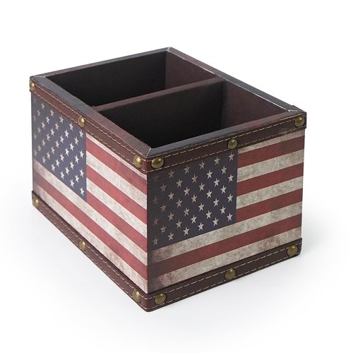DreamsEden Wooden Remote Control Holder, Leather TV Caddy for Table, Decorative American Flag Organizer Storage Box for Home Office