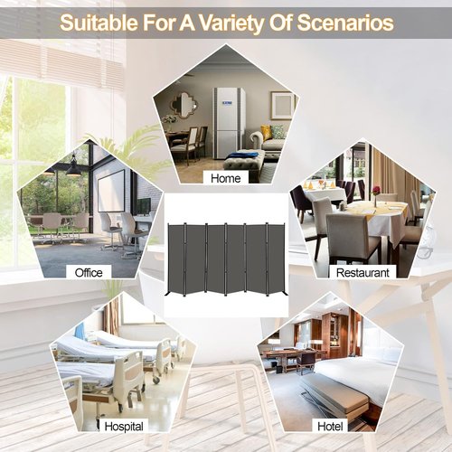 MAYOLIAH 6-Panel Folding Privacy Screen - 9ft Wide, 6ft Tall Room Divider | Portable Grey Partition