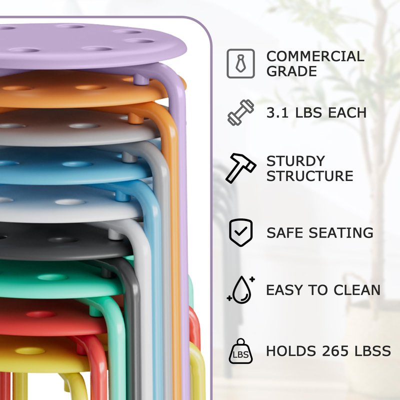 VECELO Stackable Stools Set of 6, 17.7 Inch Standard Height, Portable Plastic Colourful Decoration Stools for School Classroom and Office, No Assembly Required, Purple