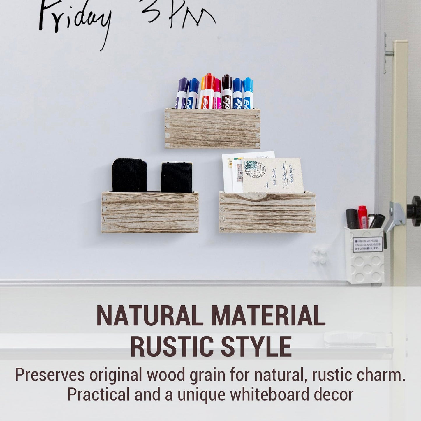 MyGift Rustic Torched Wood Magnetic Dry Erase Marker Holder for Whiteboard Accessories Organizer Bins, Set of 3