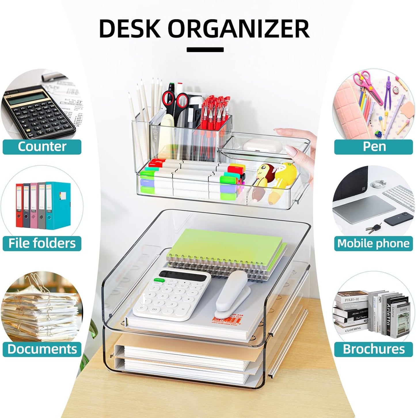 YKLSLH Paper Organizer - Clear Acrylic Stackable Desk File Tray with 5 Compartments & Pencil Holder