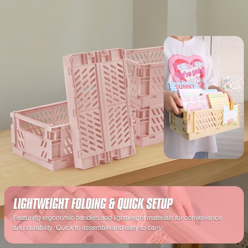 HOYA PONYOO 4 Pcs Collapsible Storage Crates, 10x5.9x4 inches Space-Saving Folding Containers, Stackable Plastic Boxes for Home Kitchen Office Bedroom Bathroom, Pink