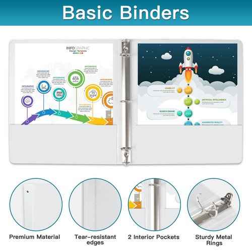 3 Ring Binder, LAYZZ 12 Pack 1 Inch Binders 3 Ring with 2 Pockets, Round Ring Binders, Clear Cover Binders for Letter Size 8.5"x11" Paper, PVC Free, Suitable for School Home and Office (White)