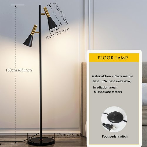 Asmymhd Modern Floor Lamp with 2 Adjustable Head Tall Pole Uplight for Living Room, Bedroom, Office,Gold and Black Corner Light for Reading (Black and Gold)