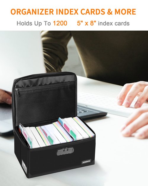 JUNDUN Index Card Holder with Lock,Collapsible Fireproof Index Card Box fits 1200 5x8-Inch Flash Cards - Business, Recipe, or Note Card Storage Boxes - Black
