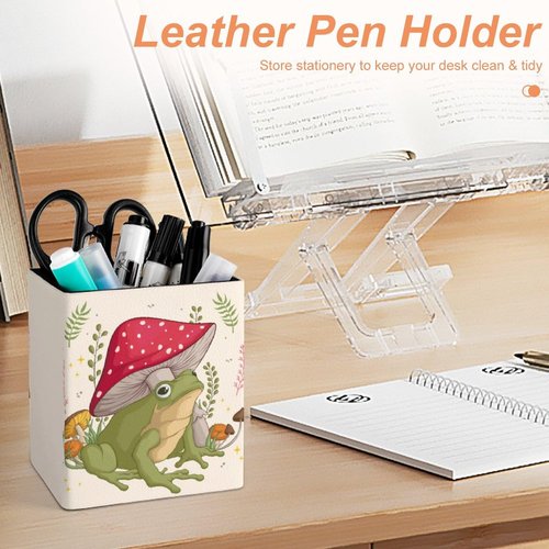Niapessel Pencil Holder for Desk, Funny Frog with Mushrooms Pen Holder Storage Desktop Pen Organizer Desk Pencil Organizer Makeup Brush Holder for Office School College Leather