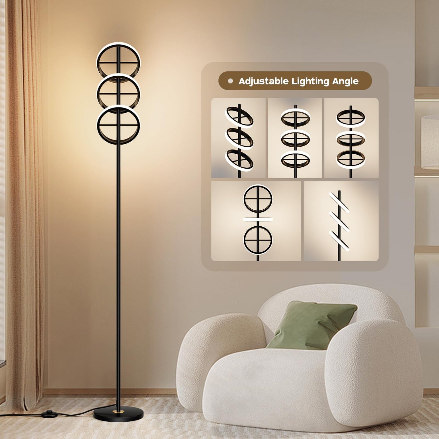 FIGDIFOR Modern LED Floor Lamp - Adjustable 3 Saturn Rings-Contemporary Tall Standing Lamp for Living Room & Office Bedroom Reading-Black