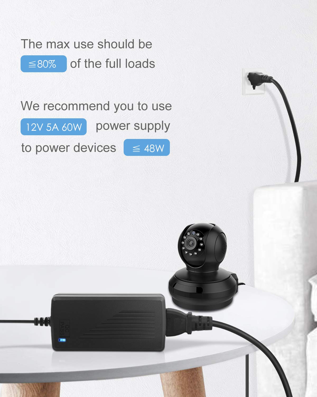 ALITOVE Power Supply Adapter - 12V 5A 60W Converter for 5050 & 3528 LED Strip Lights | AC 100-240V Input