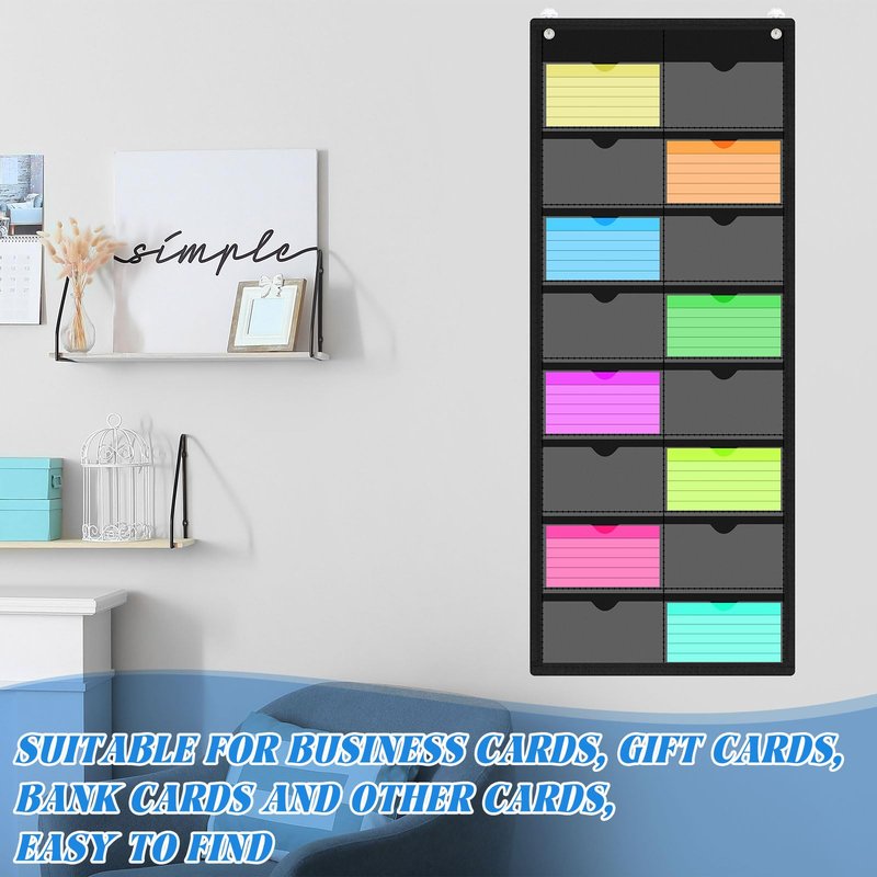 AmazingSpark 4 Pack 4'' x 6'' Index Card Holder Sleeve 16 Slot Plastic Organizer Hanging Wall Mount Business Note Card Holder PVC Clear Organizer Pocket for Classroom Office Library Home (Black)