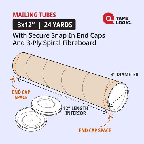 Tape Logic TLP3012K Mailing Tubes with Caps, 3 x 12, Kraft (Pack of 24)