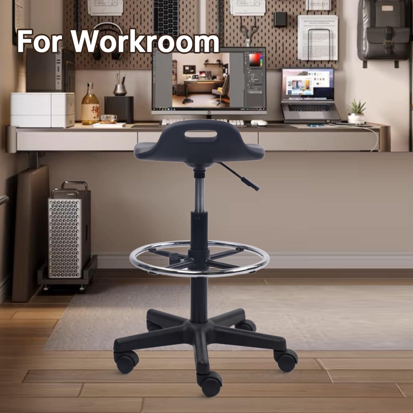 KLASIKA Drafting Rolling Stool Adjustable Height with Foot Rest Breathable Seat Cushion Swivel Stools with Wheels, Multi-Purpose Work Stool for Shop, Task, Salon, Black, 1 Pack