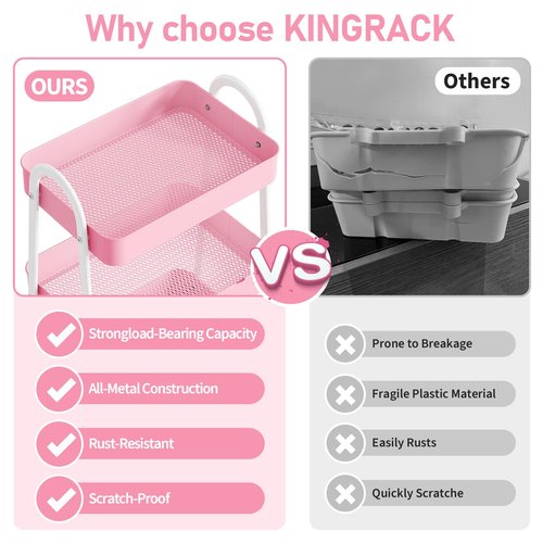 KINGRACK 3 Tier Metal Utility Rolling Cart, Rolling Storage Cart, Craft Art Cart with Handle and Locking Wheels & 2 Hanging Baskets 4 Hooks for Bathroom, Bedroom (Pure Pink with Basket and Hooks)