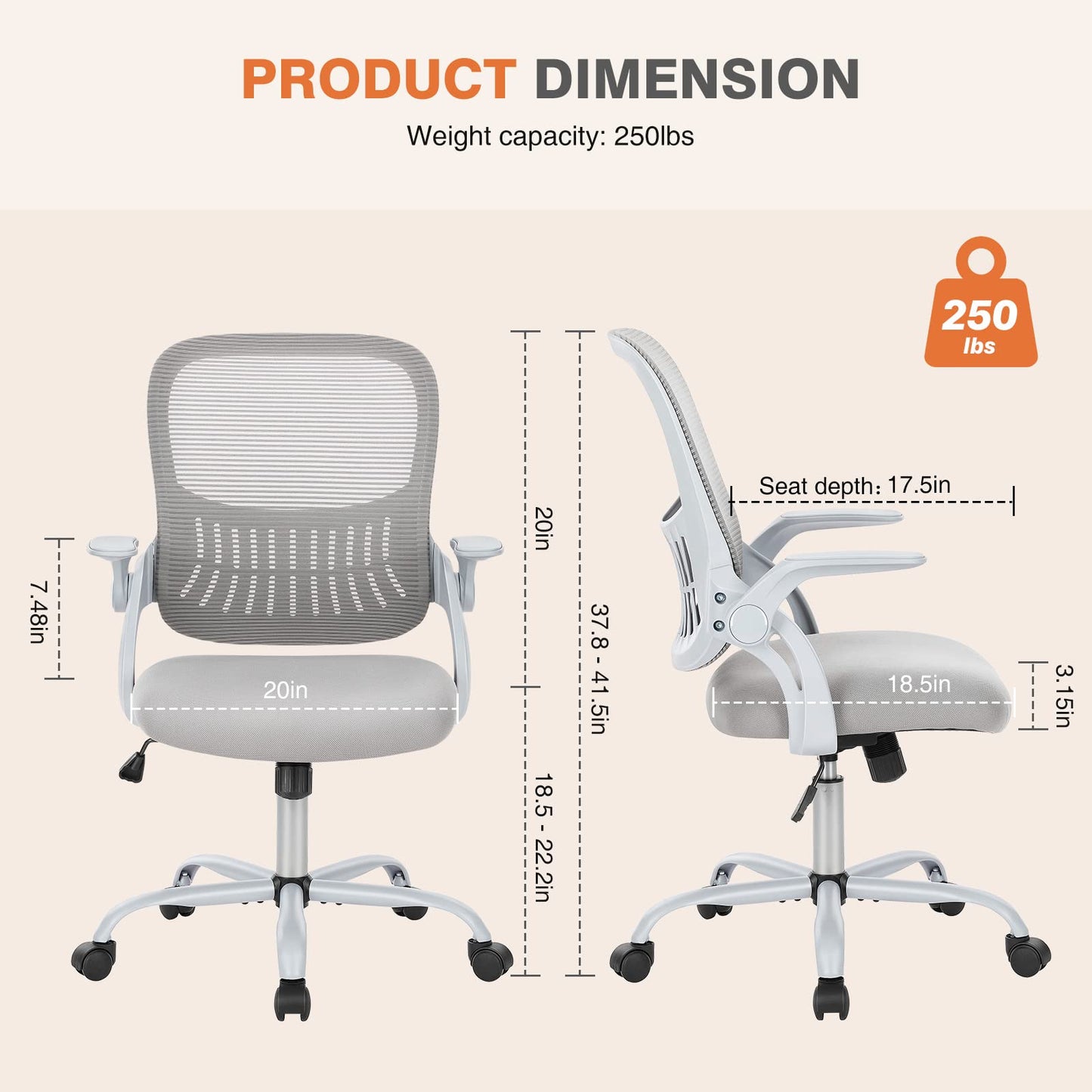 Sweetcrispy Office Desk Chair, Ergonomic Mid-Back Mesh Rolling Work Swivel Task Chairs with Wheels, Comfortable Lumbar Support, Comfy Flip-up Arms for Home, Bedroom, Study, Student, Classic Grey