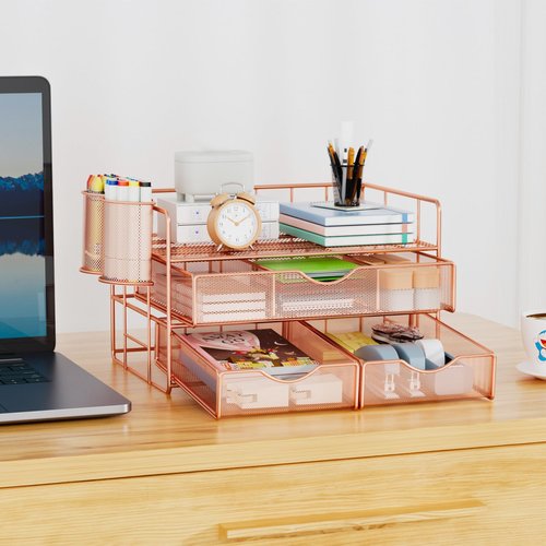 Marbrasse 3 Tier Mesh Desk Organizer with Drawer, Multi-Functional Desk Organizers and Accessories, Paper Letter Organizer with 2 Pen Holder for Home Office Supplies - Rose Gold