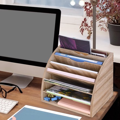 WuGeShop Fan Shaped File Organizer, 7 Tier Desk Paper Organizer File Holder, Desktop Large File Sorter with Adjustable Compartments for Home Office School Classroom
