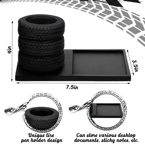 Fullhawl Tire Shaped Pen Holder with Sticky Notes Holder Set Tool Planter Pencil Storage Holder Desk Organizer Home Office Supplies Gift for Mechanics Car Lovers (Black)