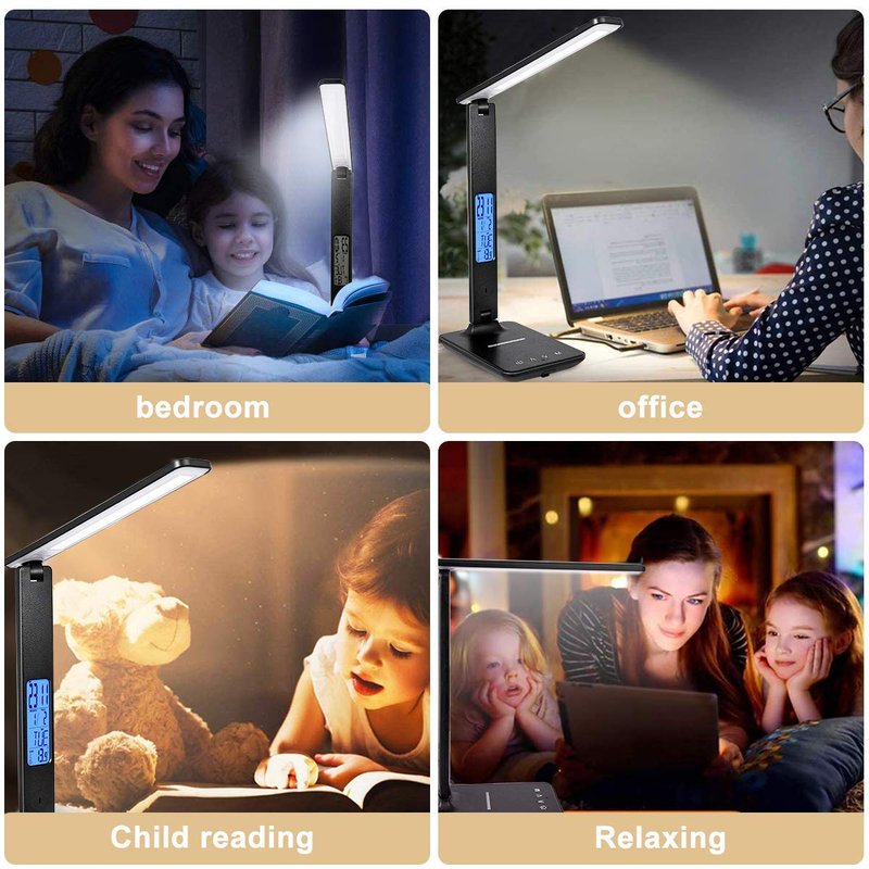 XIZDDL LED Desk Lamp with Wireless Charger, Suitable for Home, Office Dimmable, with USB Charging Port, Built-in Clock, Calendar, Thermometer and Automatic Timing Reading Desk Lamp.